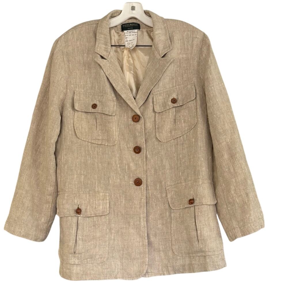 Harve Benard Biege Linen Blazer Jacket Womens Size 12P Shoulder Pads Old Money